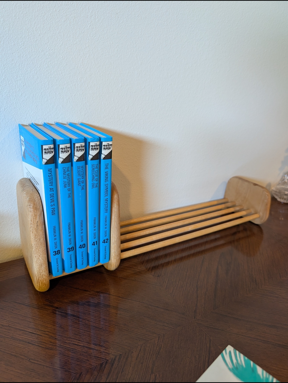Vintage Wooden Adjustable Book Holder Sliding Table Top Organizer